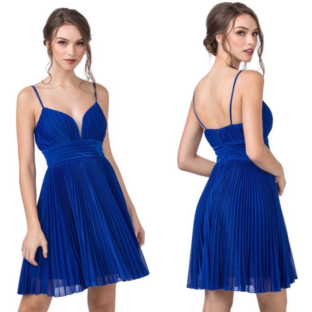 Royal Blue Pleated Spaghetti Strap Cocktail Dress